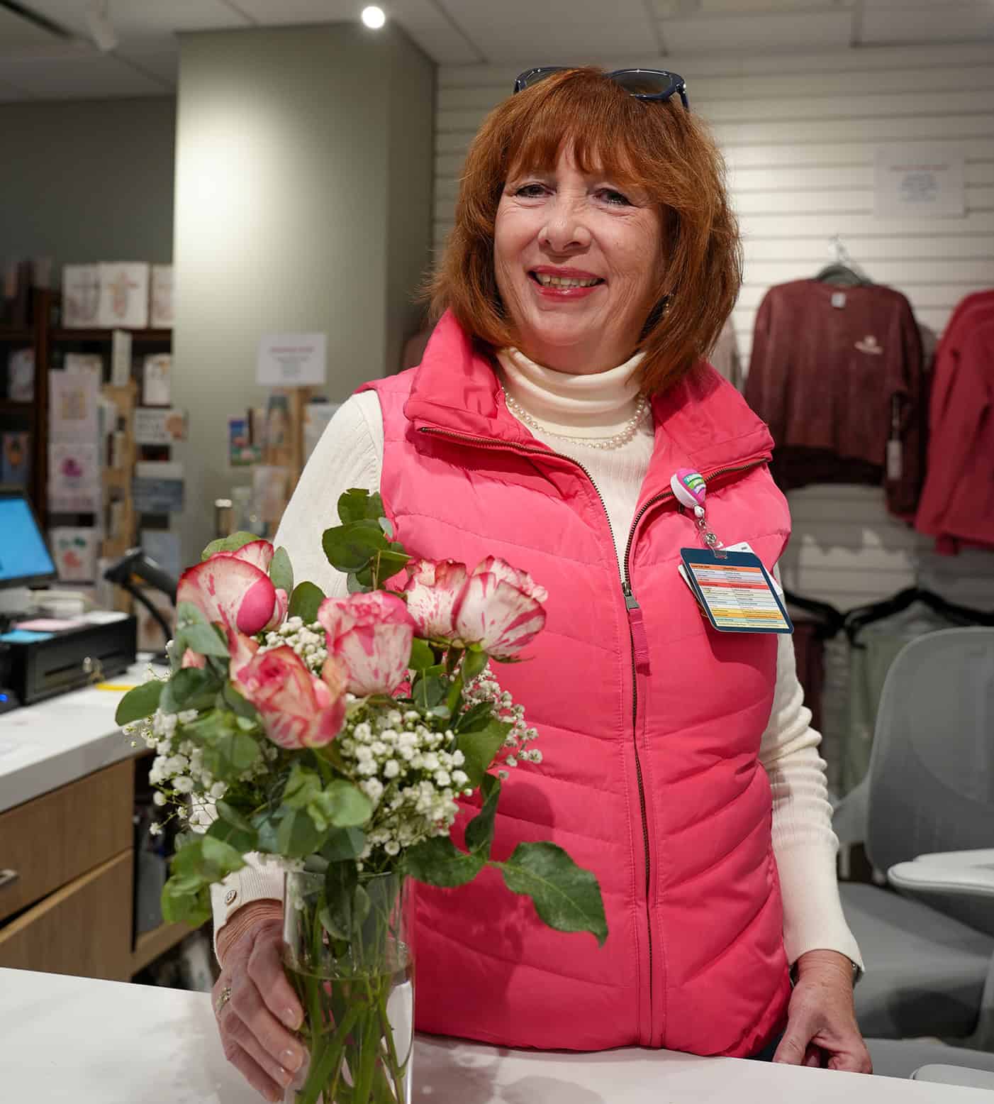 Volunteer with flowers