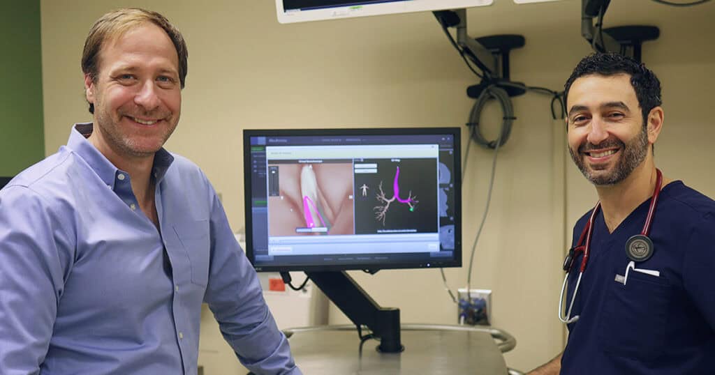 Dr. Devin Sherman and Dr. Tufik Assad with bronchoscopy equipment at Williamson Medical Center in Franklin, Tenn.